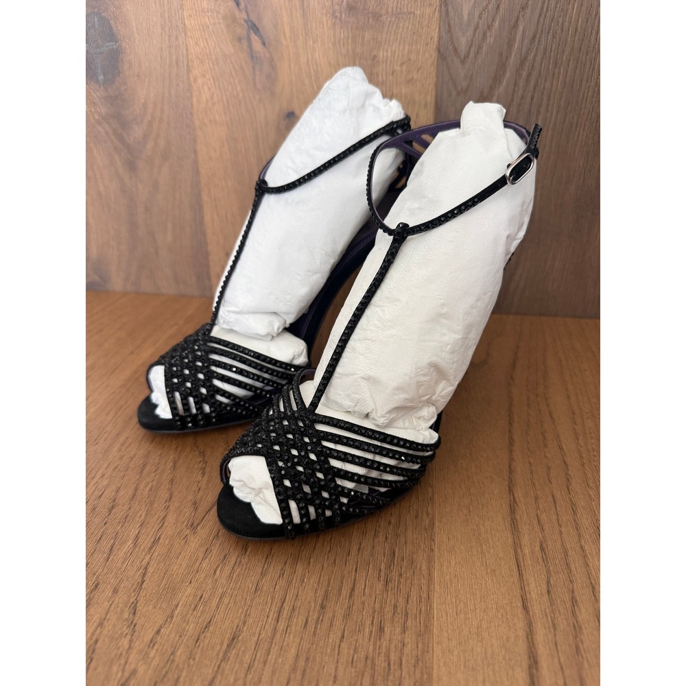 Ralph Lauren Purple Label Keara Black Suede Crystal T-Strap Sandals EU 36.5